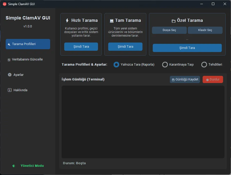 Simple ClamAV GUI Programı Ekran Görüntüsü